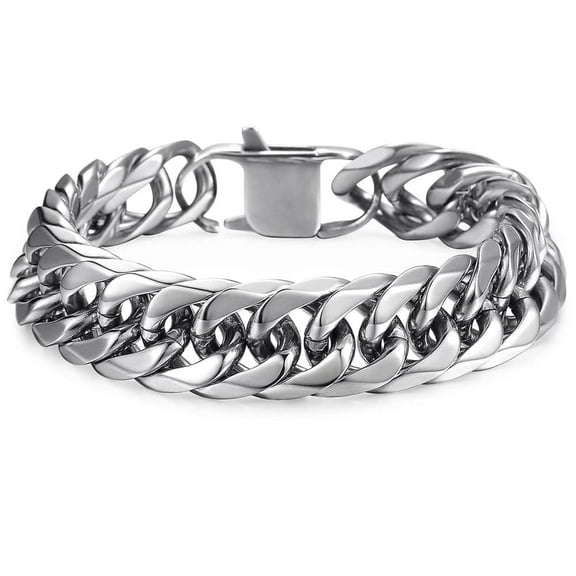 Hermah 15mm Wide 9 inch Curb Cuban Rombo Mens 316L Stainless Steel Chain Bracelet Silver