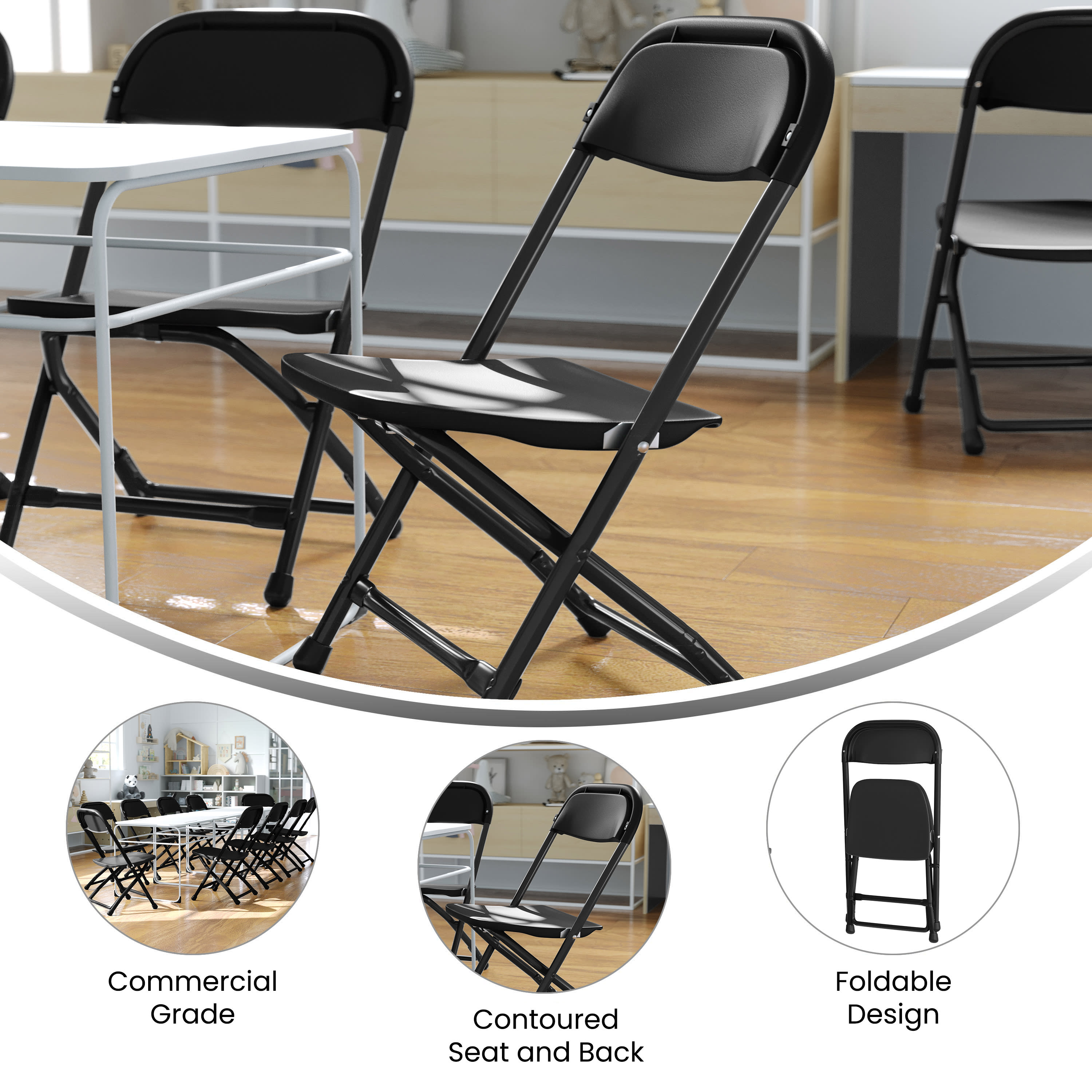Emma + Oliver 2 Pack Kids Black Plastic Folding Chair
