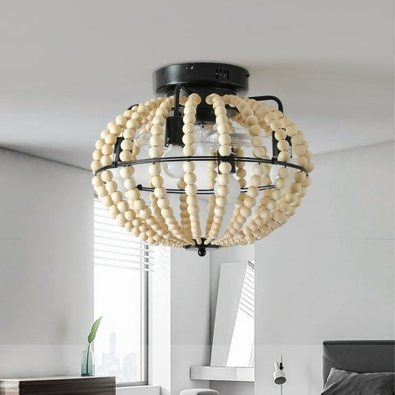 Beaded Chandelier Fan Light, Semi Flush Mount Ceiling Fixture with Wood Beads and Timer for Bedroom