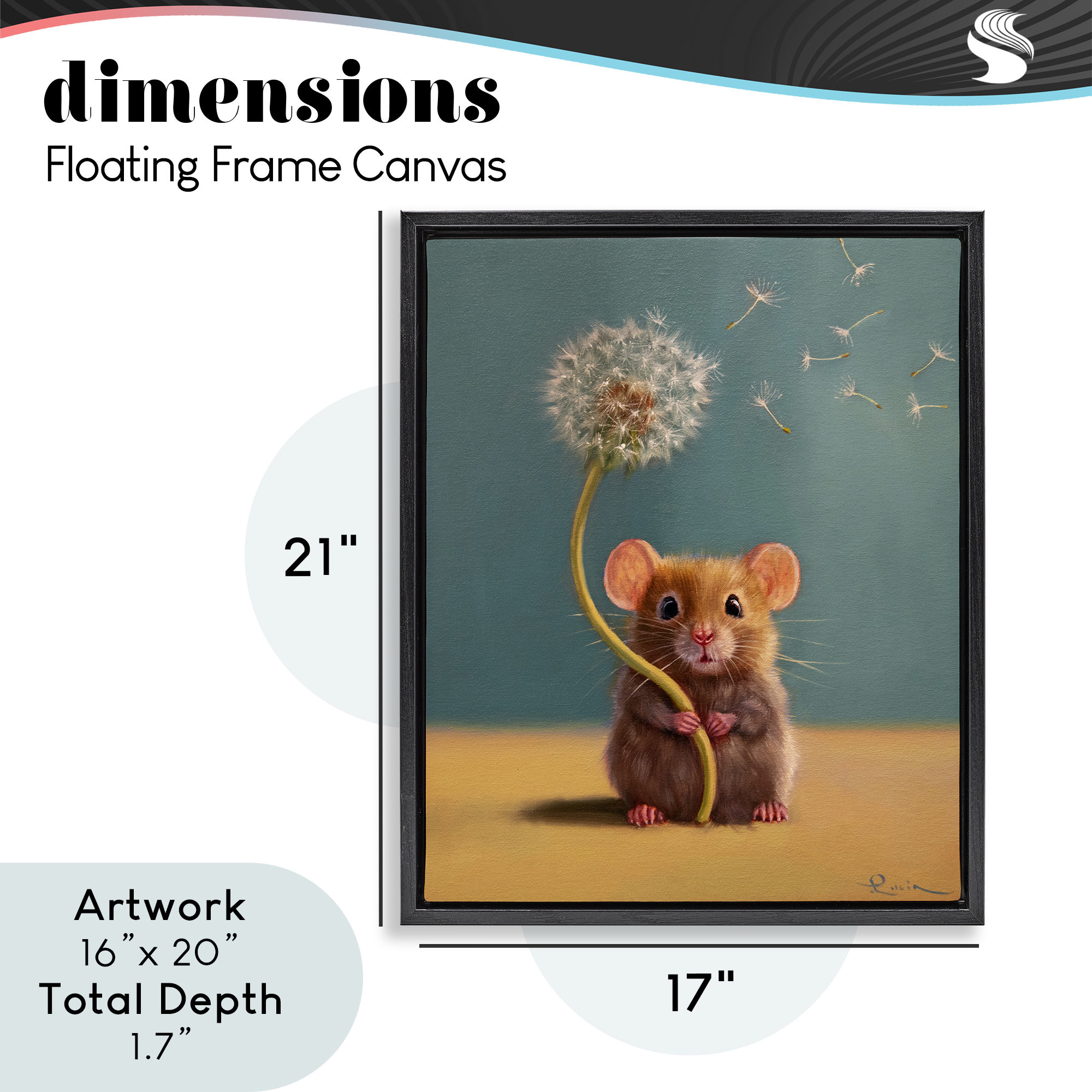 Tiny Wishes Mouse & Dandelion Black Framed Floater Canvas Wall Art, design by Lucia Heffernan