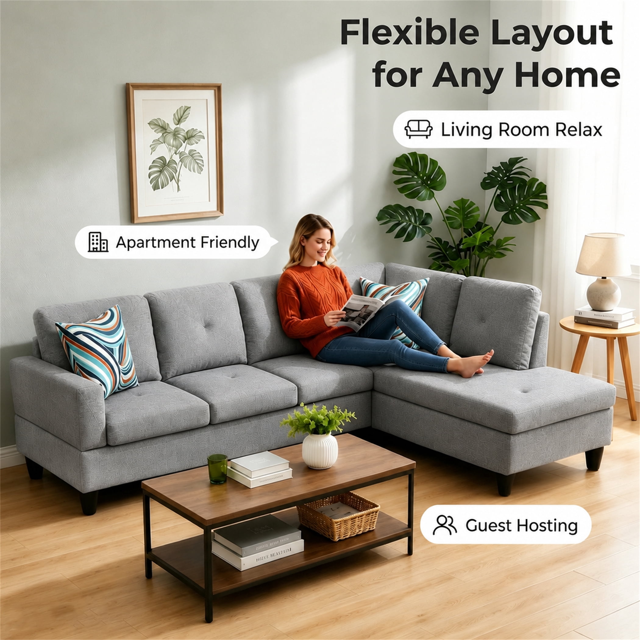 Aukfa 97" Classic Sectional Sofa 4 Seat L shape Couch for Living Room, 2Pillows, Oversized Right Chaise, Linen, Gray