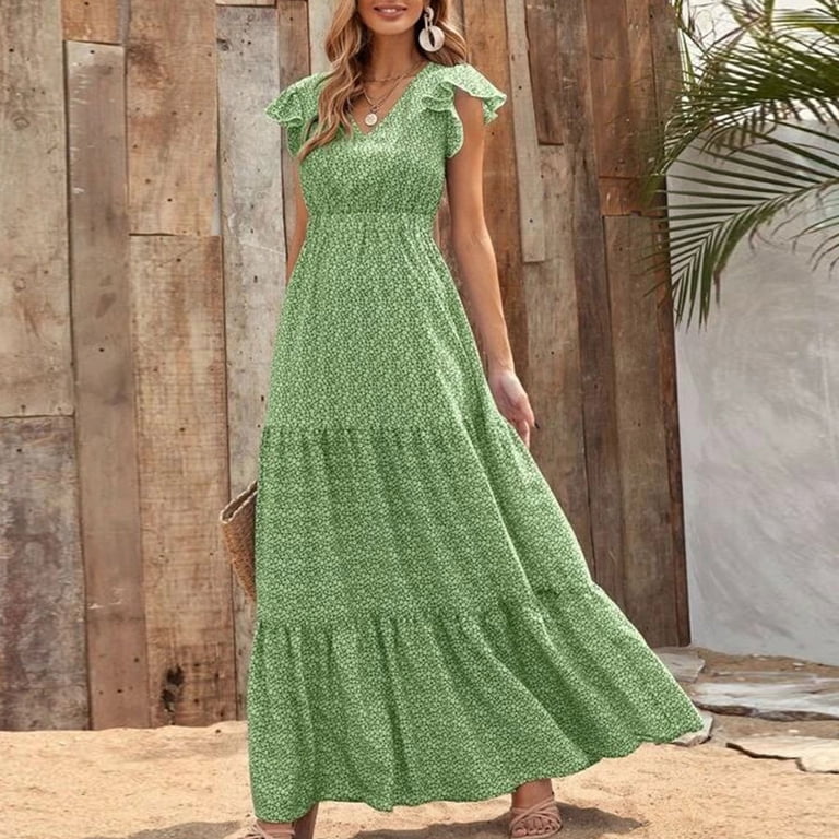 Cfhntfmh Flowy Dresses for Women Ruffle Cap Sleeve Boho Tiered Long Dresses Casual V Neck A-Line Floral Maxi Dress, Women's, Size: Small