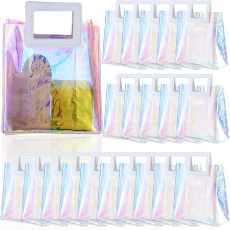 20 PCS Clear Holographic Tote Bags, 7 x 4 x 8 Inches Reusable Iridescent Tote Gift Bags for Women, Clear PVC Tote Bags with Handles