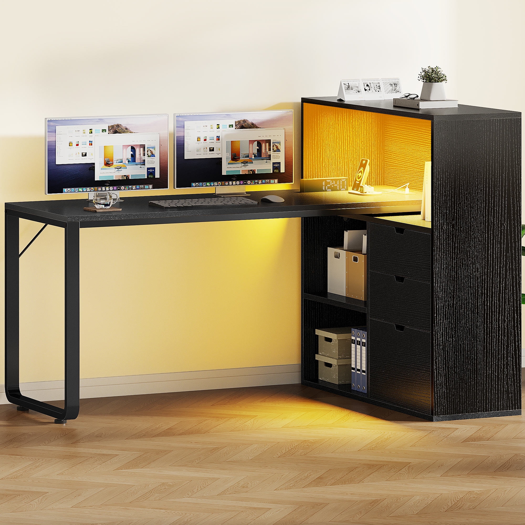 Craftian L Shaped Desk with Power Outlets & LED Lights, Computer Desk with 3 Drawers and 3 Storage Shelves, White Office Desk Corner Desk for Home Office, Black