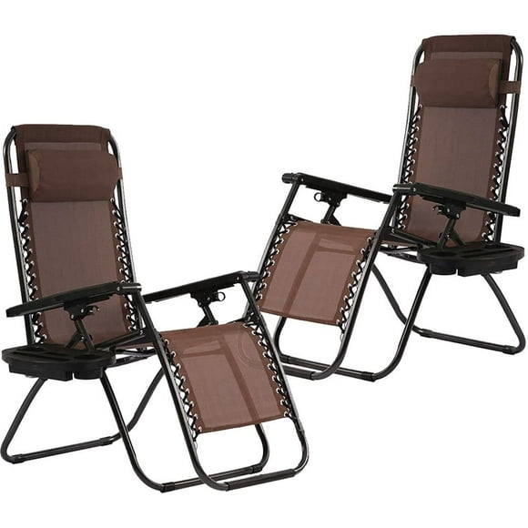Chaise de Patio Zero Gravity Set de 2 Chaises d'Extérieur Chaises Pliantes Extérieur Anti Gravity Chair Salon Couché Camping Chaise Longue avec Oreiller et Tasse Holde (Brown)