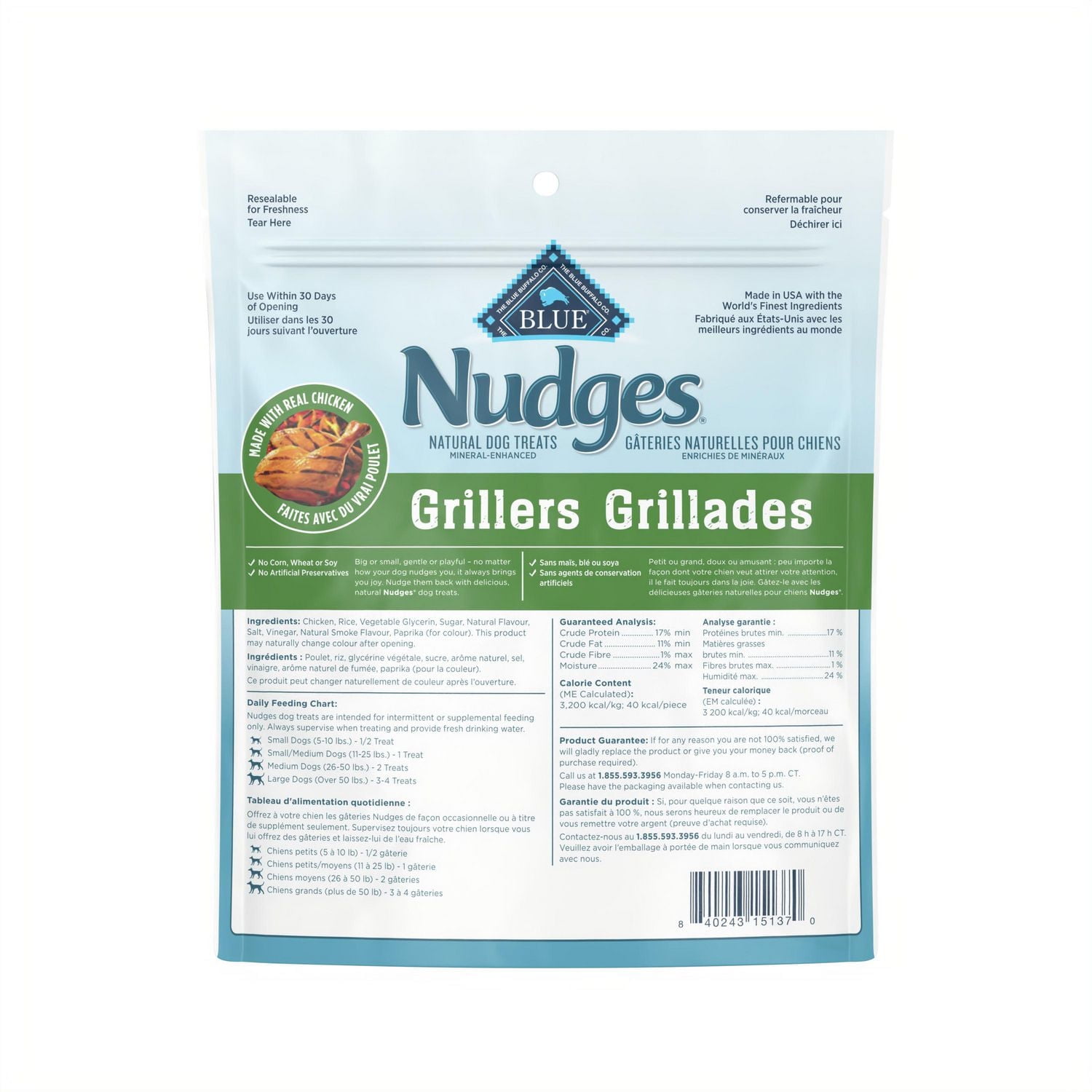 Blue Buffalo Nudges Grillers Gâteries Naturelles pour Chiens, Faits avec du Vrai Poulet, 453g