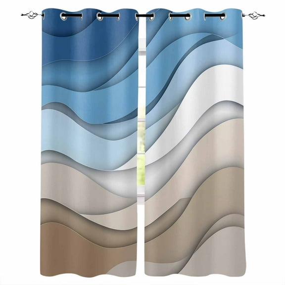 Fsddascl Blue Brown Blackout Curtains for Bedroom/Living Room, Thermal Insulated Kitchen Curtains, Gradient Geometric White Water Stripes Modern Grommet Darkening Window Treatment Drapes 52"x54"x2