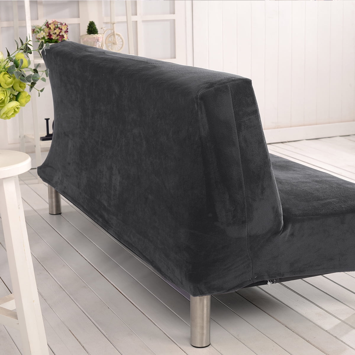 CJC Armless Plush Sofa Bed Cover - Stretch Velvet Sofa Bed Slipcover - Thicker Folding Futon Sofa Cover Protector, Dark Gray