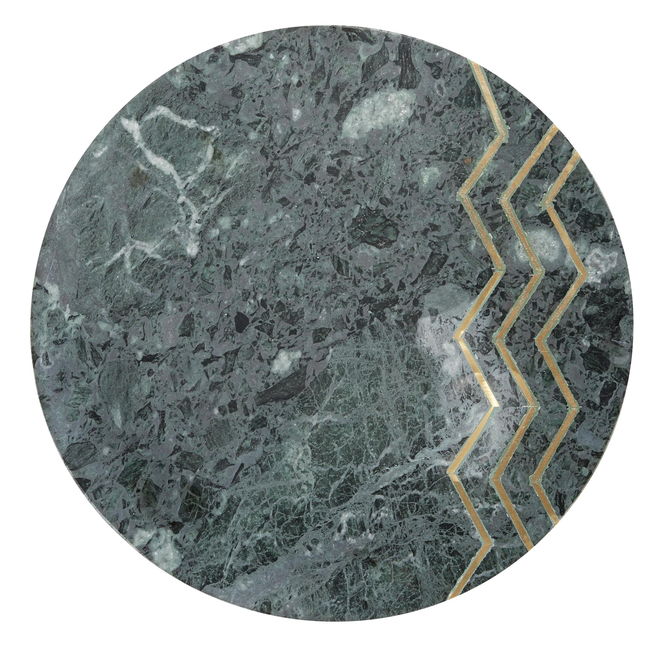 DecMode 16" x 20" Green Marble Accent Table with Gold Metal Tripod Legs and Zig-Zag Detail, 1-Piece