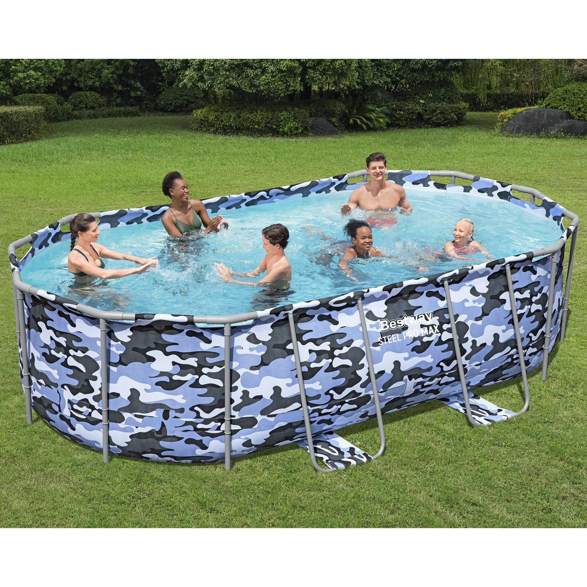 Bestway: Steel Pro Max - Oval Swimming Pool Set - 14' x 8'2" x 39.5, Blue Camo - Above Ground, Tritech Construction, Filter Pump, Ladder, 1,915 Gal.