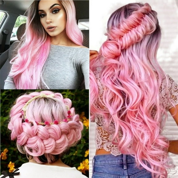 WXLCISI Long Ombre Pink/Blue Wavy Wig for Women, 25.5 Inch Middle Part Curly Hair, Natural Looking Synthetic Ombre Hair Wig With Dark Root