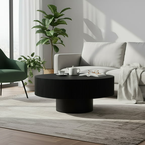 Miniyam Round Wood Coffee Table with Fluted Design, Walnut Finish Modern Center Table for Living Room, Apartment or Office