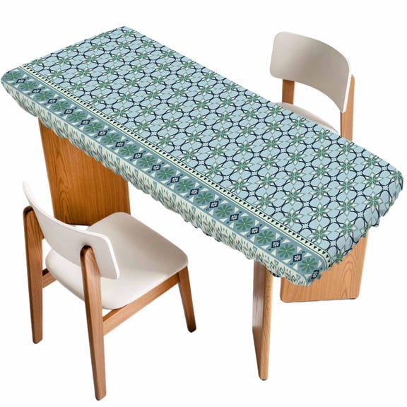 Blue Flowers Table Cloths for 8 Foot Rectangle Tables, Farmhouse Country Abstract Floral Patterned Patio Waterproof Elastic Fitted Tablecloths, Washable Rectangular Table Cover for Camping