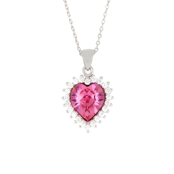 American Designs 925 Sterling Silver Pink Sapphire Swarovski Crystal Heart Pendant with Cubic Zirconia Halo, 18" Chain Necklace