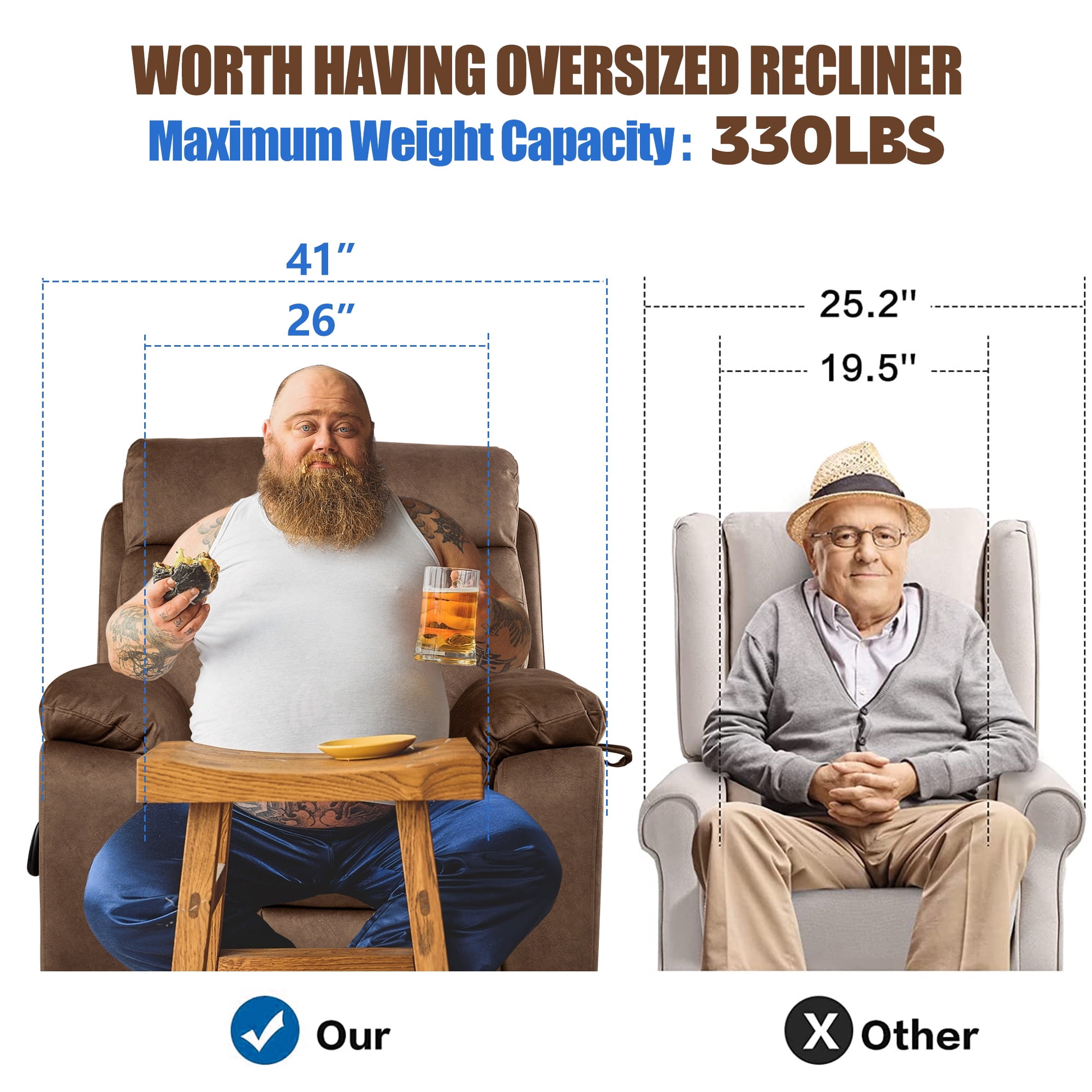 SYNGAR Electric Lift Recliner Chair with Heat and Massage, Oversized Recliner with Hidden Cup Holder for Living Room, Single Recliner Sofa with 26" Width Seat, Easy Assembly, Brown