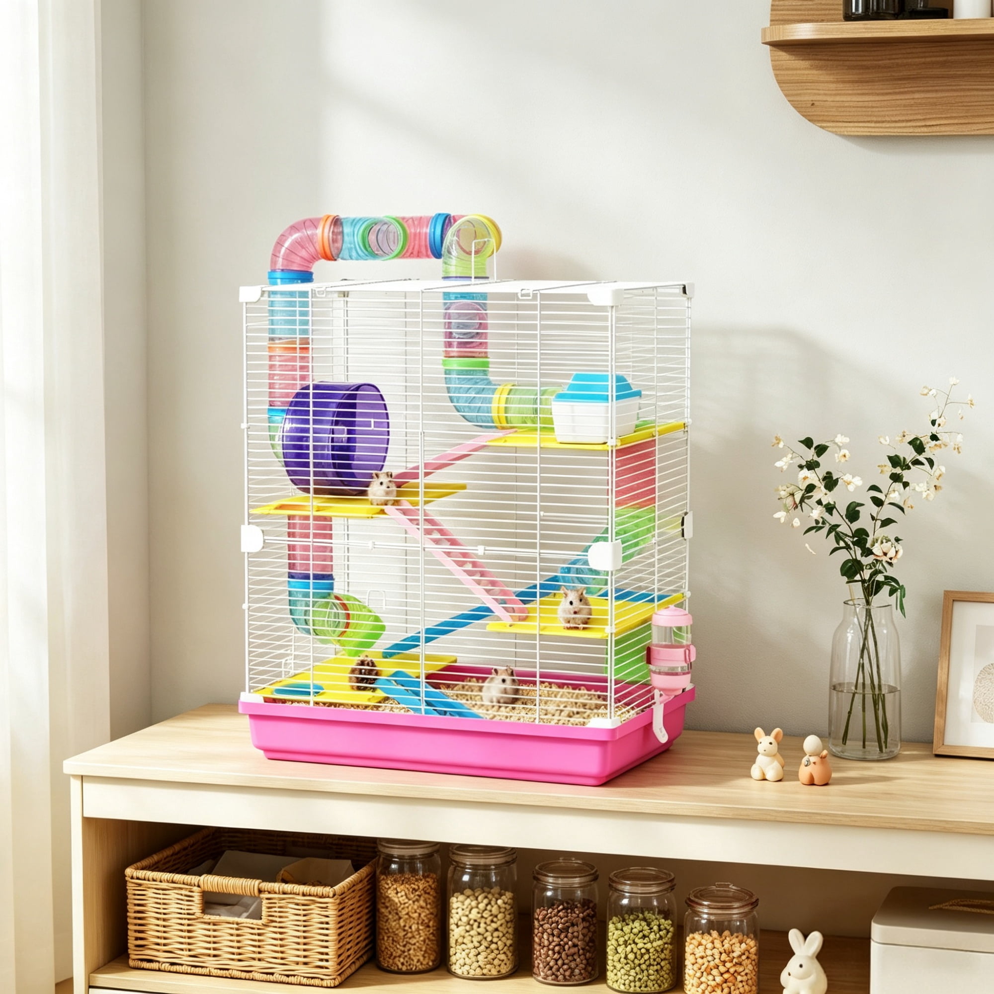 5-Tier Portable Hamster Cage for Short Trip Outing, Small Animal Travel Carrier with Tunnel Tubes, Pink