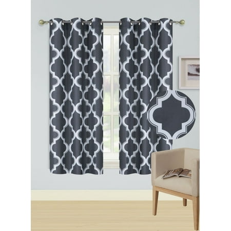 Curtains 45 Length 2-Piece MOZA CHARCOAL/WHITE Geometric Blackout Lined Grommet Window Curtain Set, Two (2) Printed Thermal Panels 37