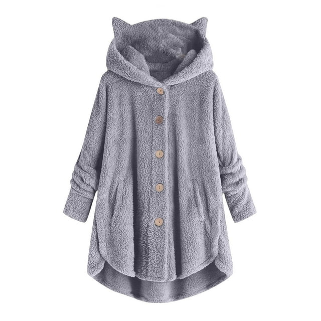WEIYLL Fall Jackets for Women 2025 Velvet Cat Ear Hooded Soild Patchwork Button Plush Grey Cold Weather Tops Size XL