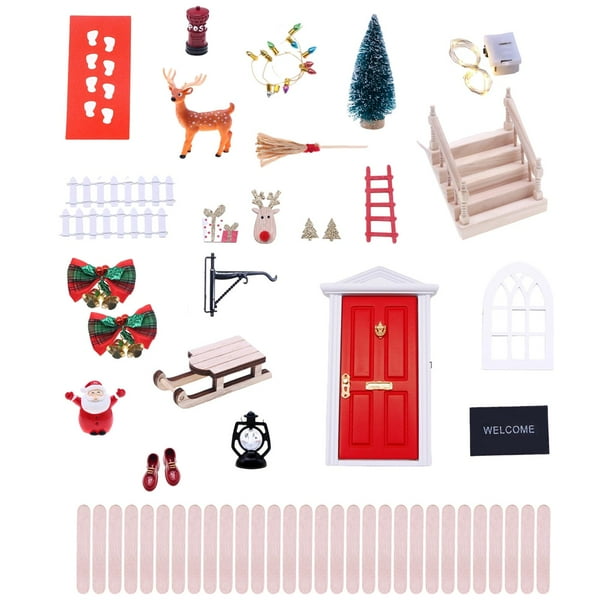 Kit De Puerta De Hadas Navideña – Set De 12 Piezas En Miniatura De Madera, Plástico Y Poliéster. Incluye Puerta Abrible, Corona, Buzón, Luces, Escalera Y árbol. Decoración Mágica Para Paredes Infantiles.