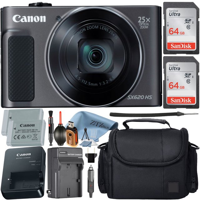 Cámara Digital Canon PowerShot SX620 HR con Lente de Zoom Óptico de 25x y Pack de 2 Tarjetas de Memoria SanDisk de 64 Gb