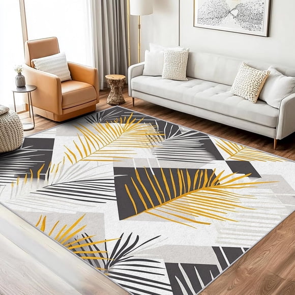Tapis de Zone à Motif de Feuilles, Tapis à Motif Artistique Géométrique, Tapis Doux Lavable Antidérapant à Poil Ras pour Décoration de Salon et de Chambre 4x6 Pi