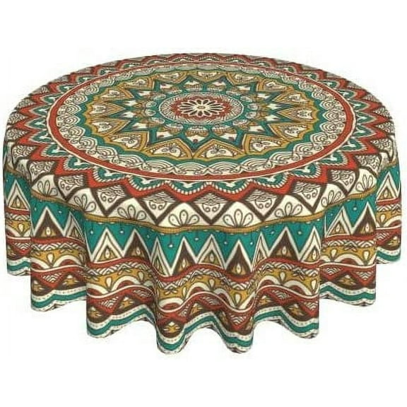 Mandala Colorful Green Brown Waterproof Picnic Patio Party Round Table Cloth Cover Decorations Fabric 60 Inch Circular Tablecloth for 20-47 Inch Home Dining Room Kitchen Decor