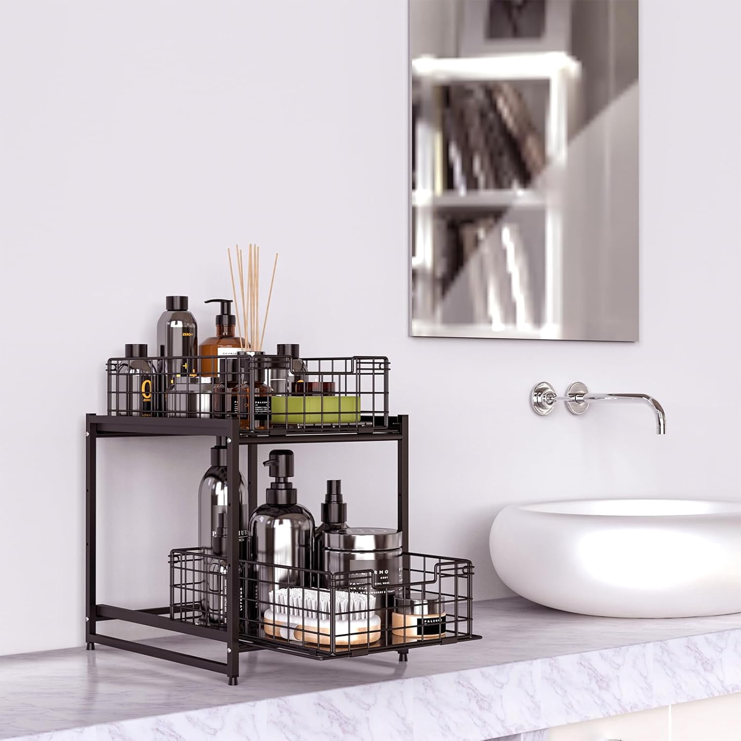 2 Pack Under Kitchen Cabinet Sink Organizer and Storage with Sliding Drawer, Extra Wide 2 Tier Stackable Basket Rack for Kitchen & Bathroom with Larger Capacity Heavy Duty, Bronze