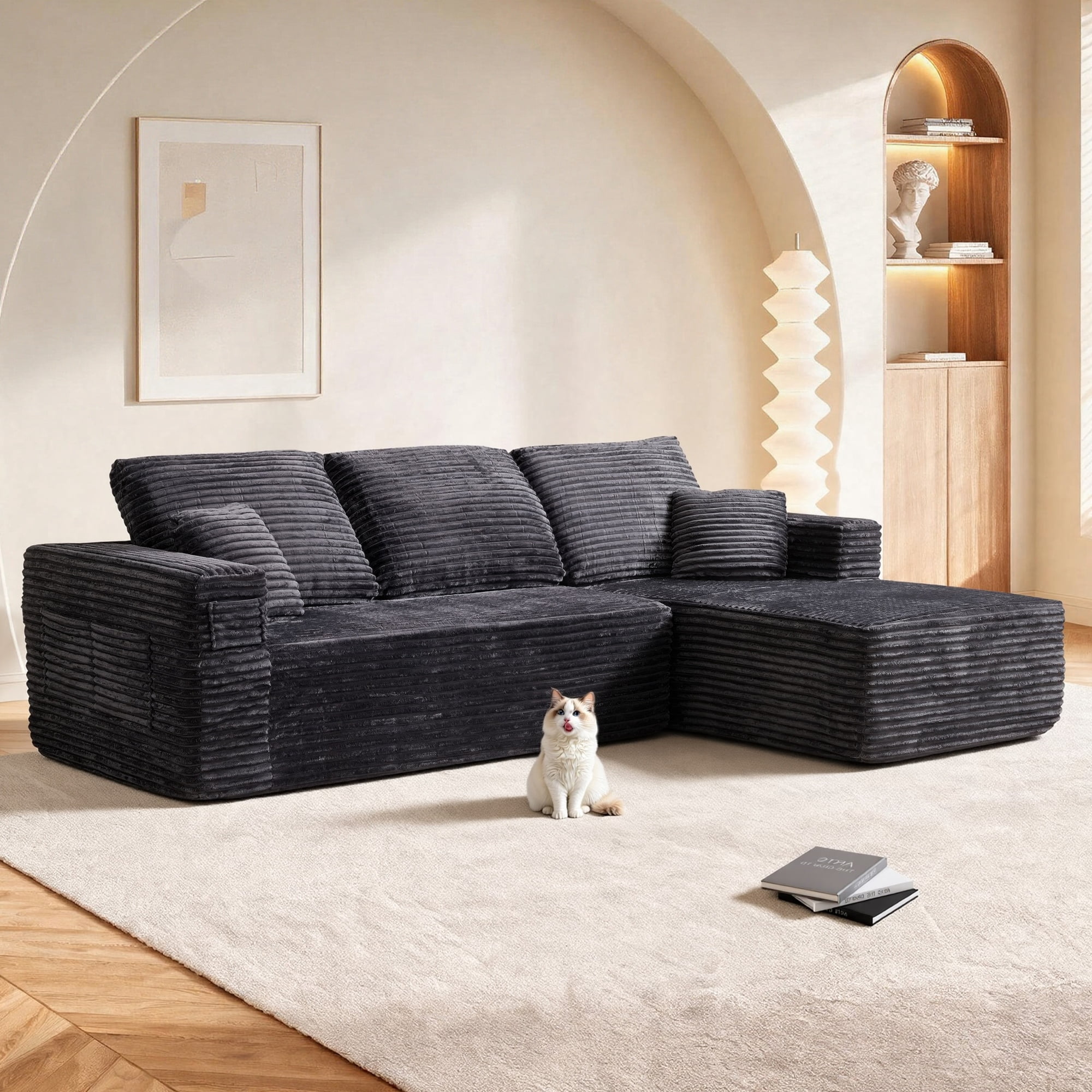 HOQBN 100.39" Cloud Sectional Couch with R-Shape Chaise,Modern Modular Sofa with Deep Seat,No Assembly Required,Compressed Packaging for Living Room Grey
