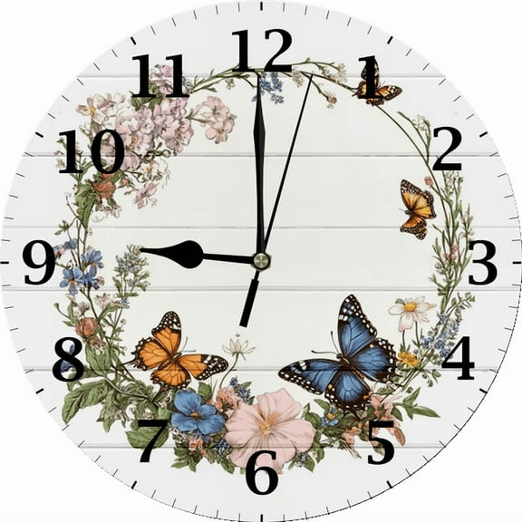 Eveokoki Wildflower Butterfly Wood Wall Clock Silent Non-Ticking Battery Operated Clocks, Spring Floral Round Clock for Home Living Room Office School Kitchen Bedroom Bathroom Wall Decor 10 Inch