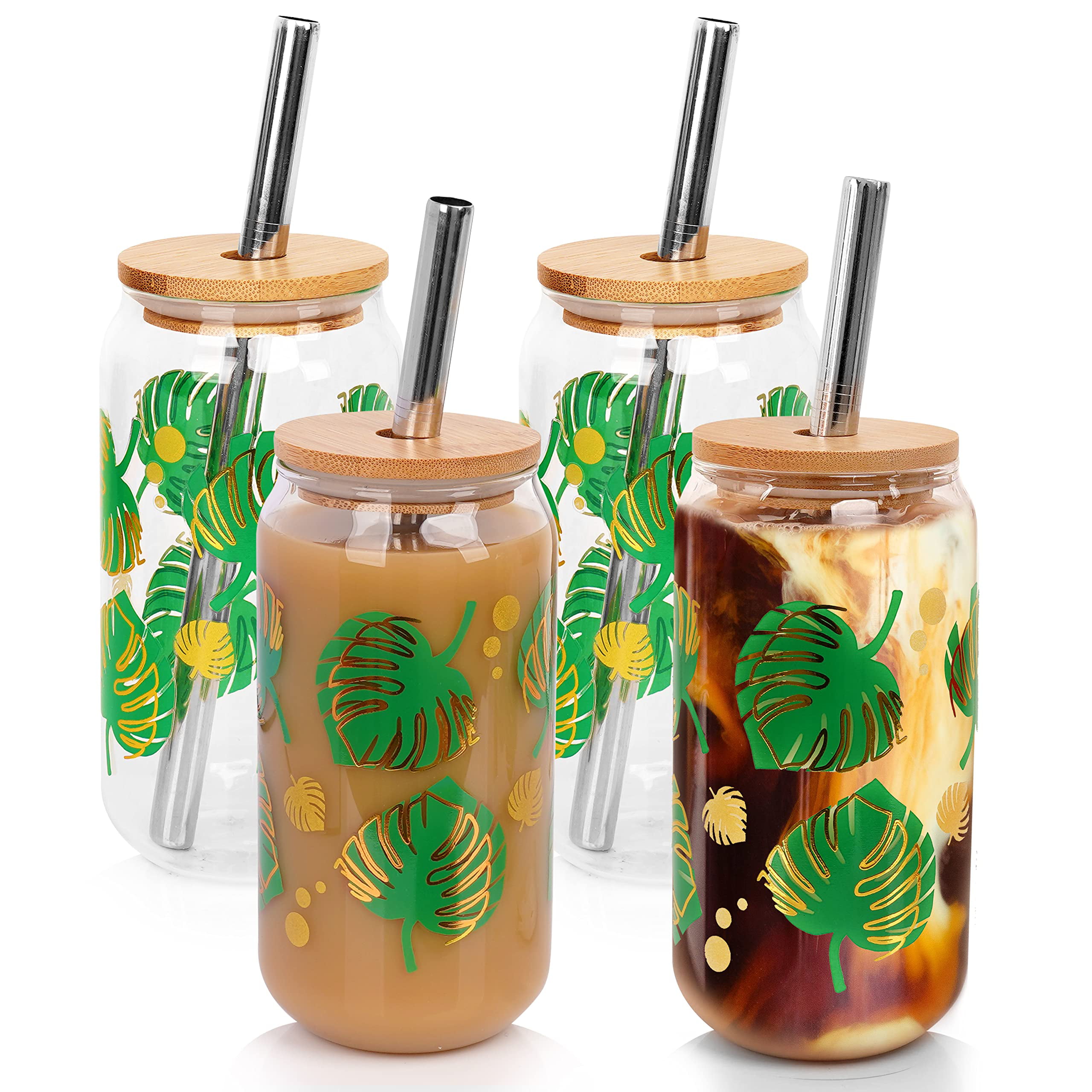 20 Pack Beer Can Glass Cups with Bamboo Lids and Glass Straws 16oz Cle