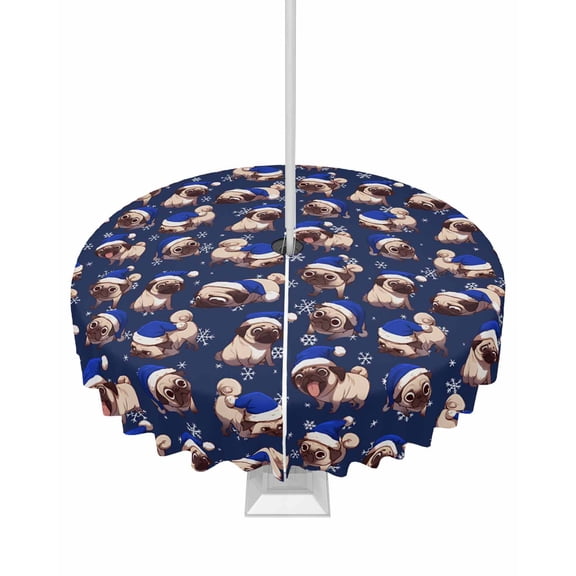 Fsddascl Navy Blue Dog Christmas Outdoor Tablecloth - 60 Inch Round Dining Table Cover, Xmas Snowflake Waterproof Outdoor Table Cloth with Umbrella Hole & Zipper for Picnic/Patio/Party