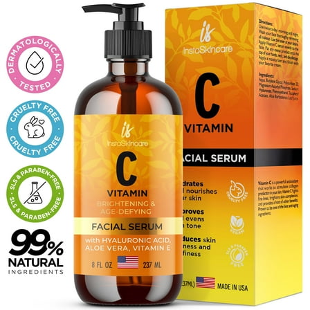 InstaSkincare Vitamin C Serum for Face and Eyes with Hyaluronic Acid and Vitamin E - Brightening Serum, Dark Spots, Eye Area, Wrinkles 8Oz