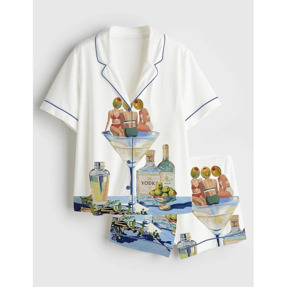 Women’s Vintage Dirty Martini Satin Pajama Set, Retro Cocktail Print Sleepwear, Cute Lounge PJs Gift for Her