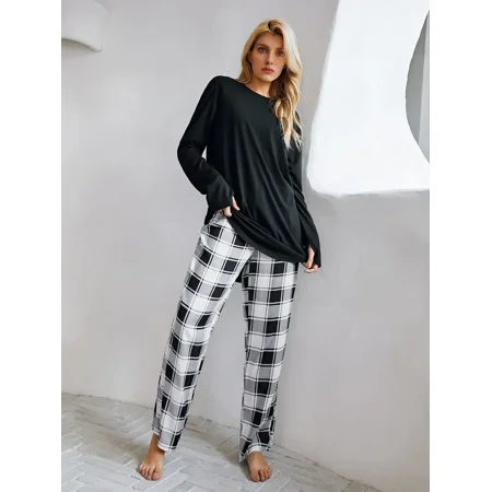 

Essential Plaid Pajama Set Solid Long Sleeve Tops & Lounge Pants Simple & Comfortable Lounge Wear Women‘s Sleepwear