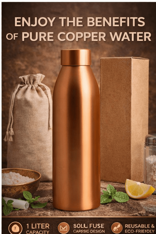 Mayur Exports 100% Pure Copper Water Bottle 1 Liter – Plain Smooth Finish, Leak Proof Cap, Reusable Metal Drinking Bottle for Home, Office, Gym & Travel