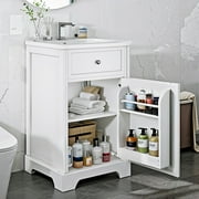 Soges 20 Bathroom Vanity with Ceramic Sink, Solid Wood Bathroom Makeup Cabinet with Soft Close Door, Adjustable Shelf and Drawer, Free Standing Single Basin Vanity Set for Small Bathroom, White