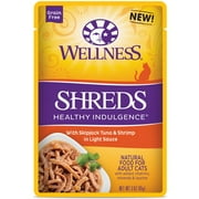 Wellness Healthy Indulgence Natural Grain Free Wet Cat Food, Shreds Tuna & Shrimp, 3-Ounce Pouch (Pack of 24)
