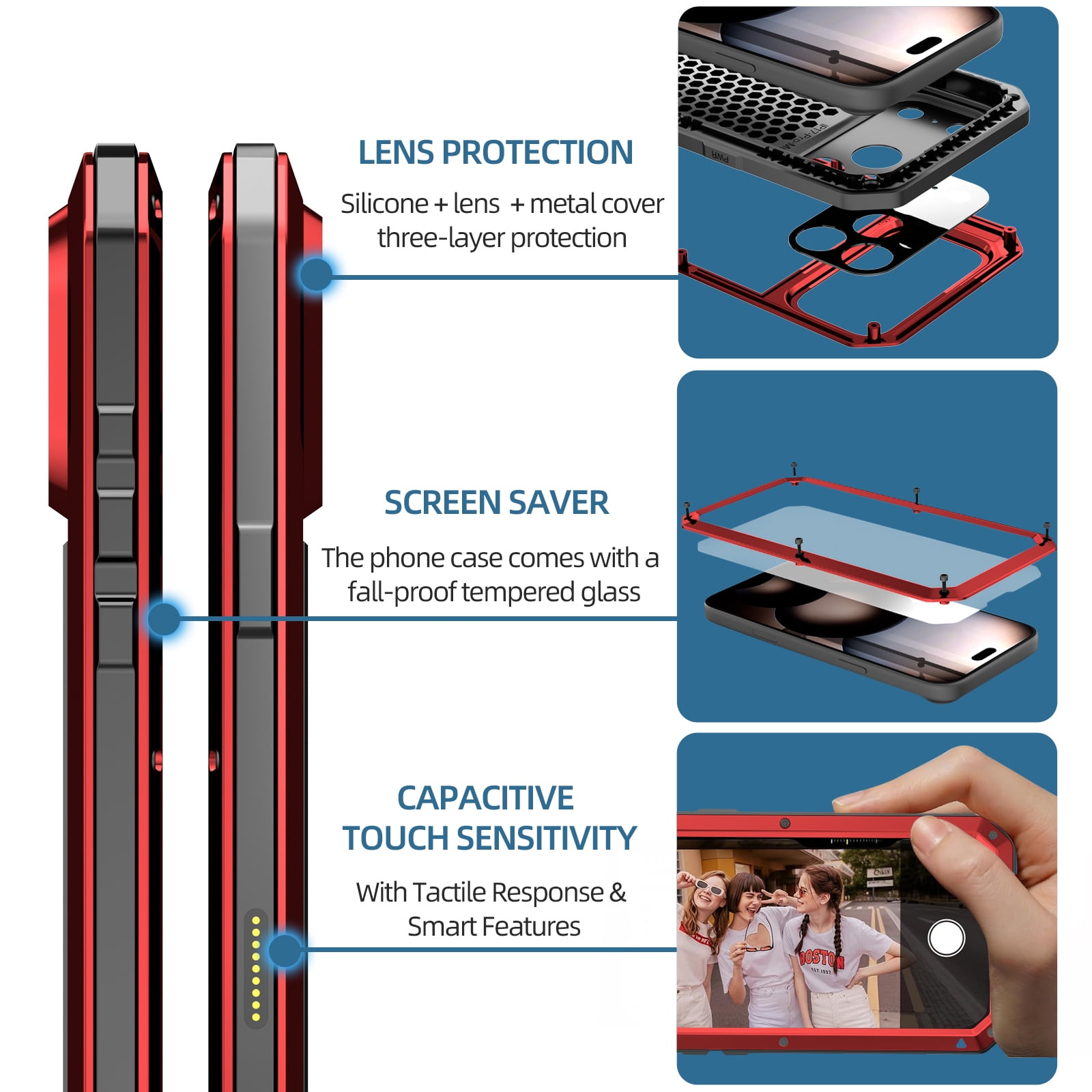 Dteck for iPhone 17 Pro Max (2025) Case, Heavy Duty Metal Full Body Protective Cover Shockproof Aluminum Alloy Cover with Silicone Built-in Screen Protector, Red