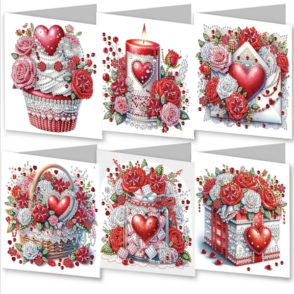 FLOPESN 6Pcs DIY Folding Greeting Card Diamond Art Painting Creative Design Foldable Thank You Cards Set for Birthday Valentine's Day Crafts Gift-Love