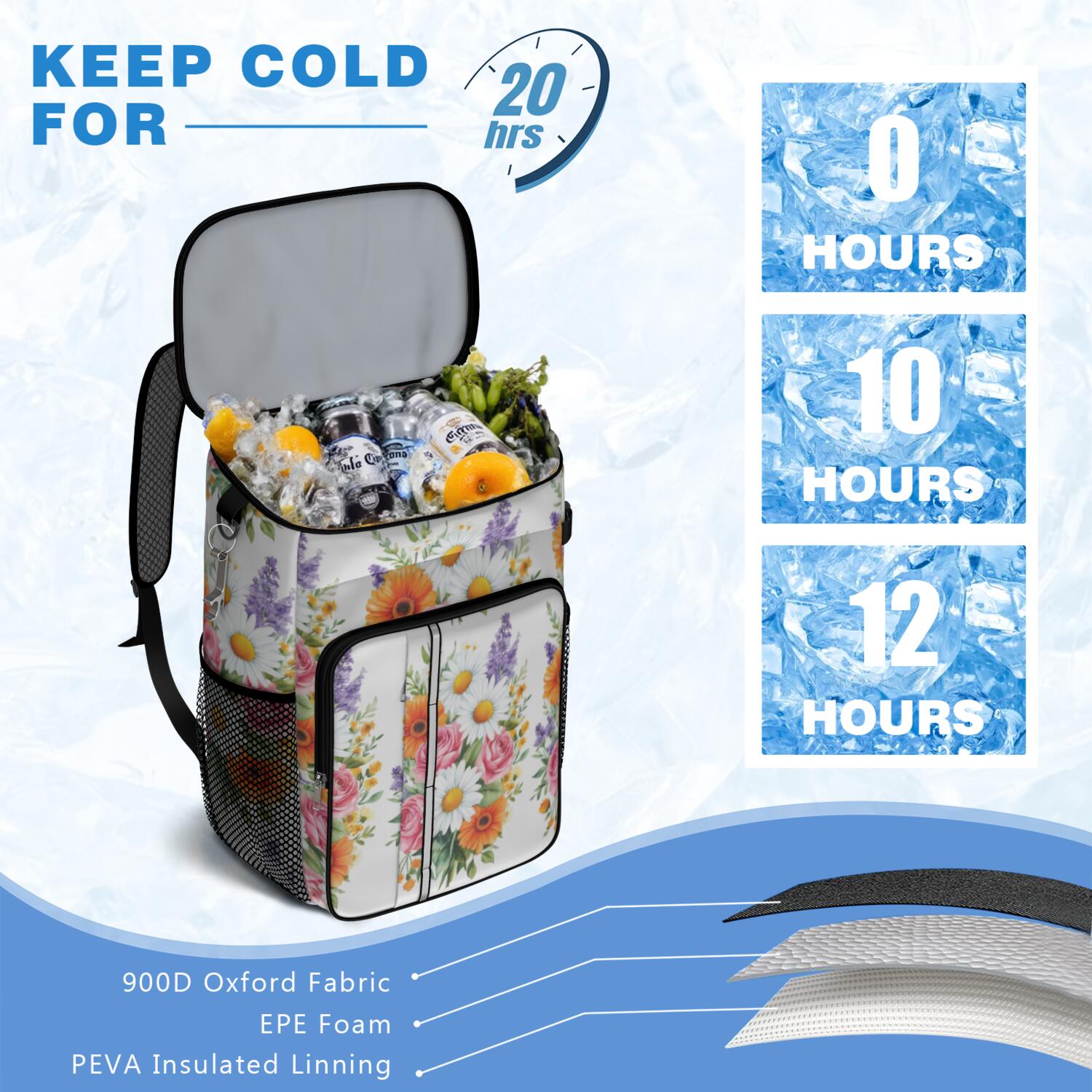 Travel Cooler Bag - Pioneer Flower Camping Beer Cooler Backpack with Bottle Opener- Waterproof Insulated Picnic Backpacks - Cooler Bag for Beach