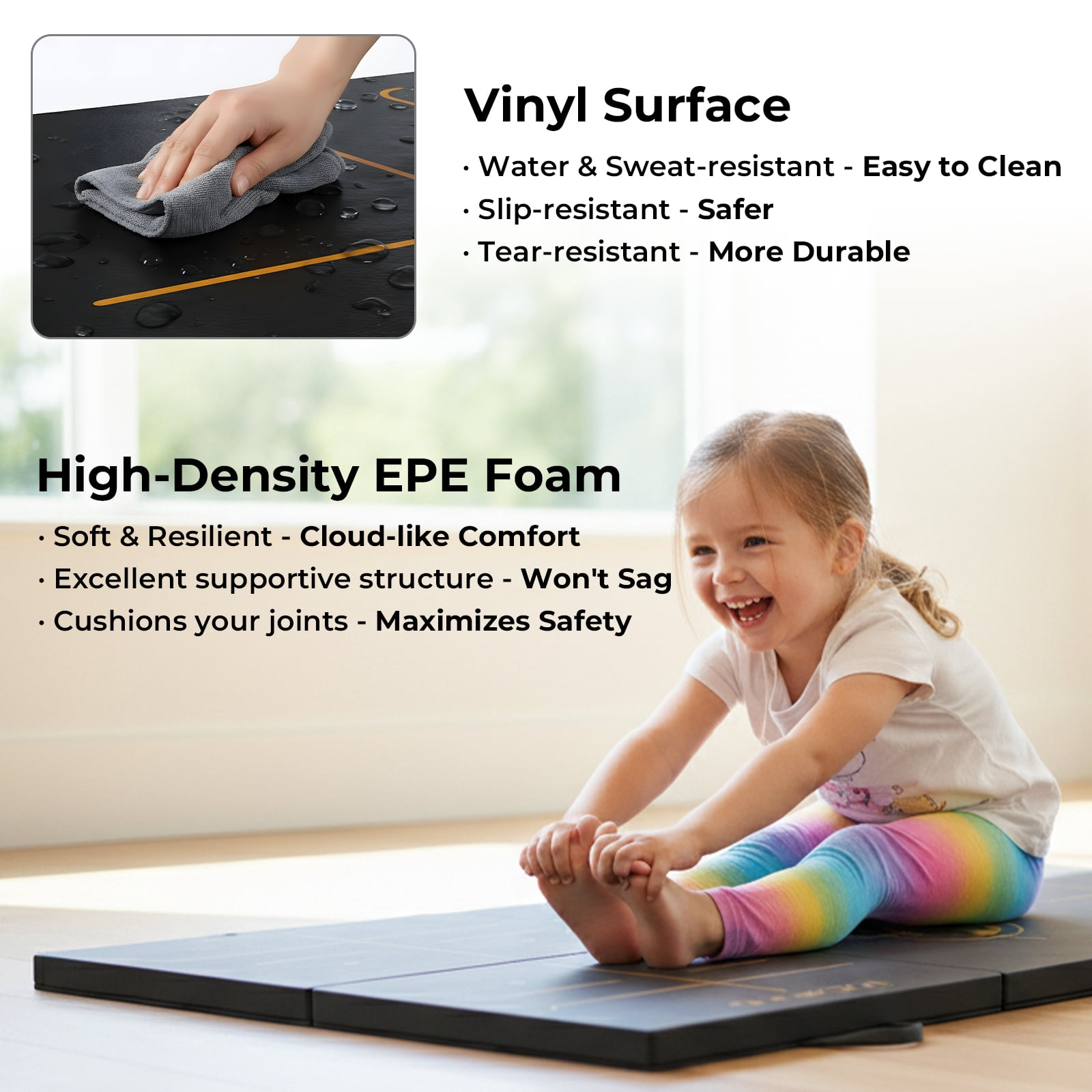 Mikolo Tri-Fold Folding Gymnastics Mat Anti Tear Yoga Mat Carrying Handles for Home Gym , Thick Portable Exercise Mat and Tumbling Mat for Stretching, Pilates, Aerobics Workouts