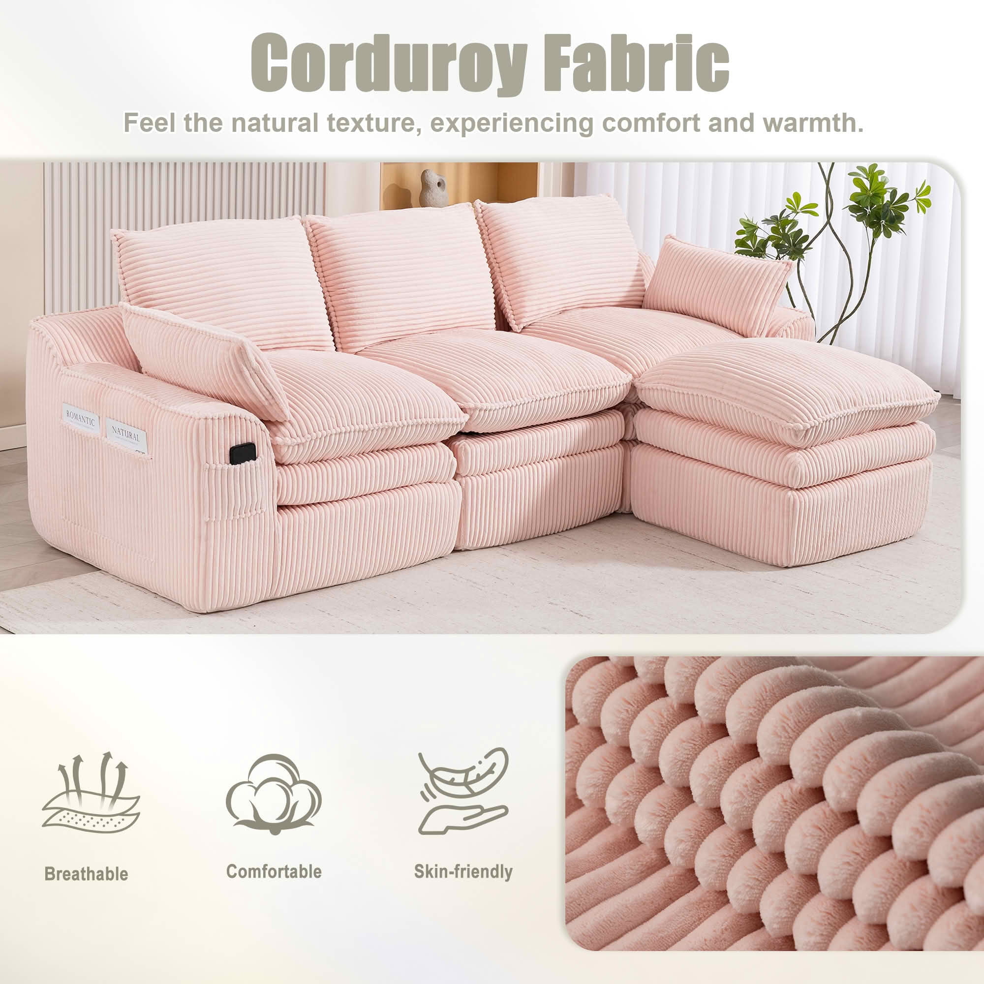 MAYEERTY Modular L Shape Corduroy Sectional Sofa, Compressed Boneless Cloud Couch with Footstool & Pillows for Small Living Space