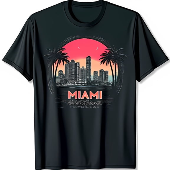 Miami Sunset Black T-Shirt with Trees & Stylish Miami Print
