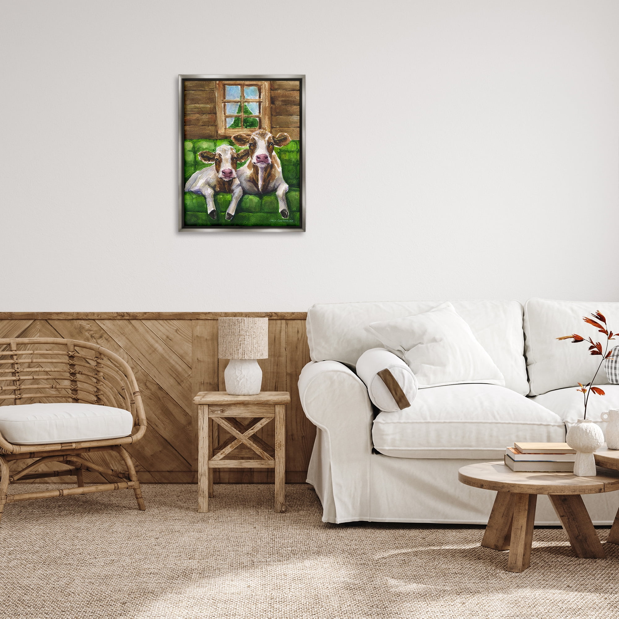 Stupell Industries Cows in Barn Cabin Animals & Insects Painting Gray Floater Framed Canvas Art Print Wall Art, 25 x 31