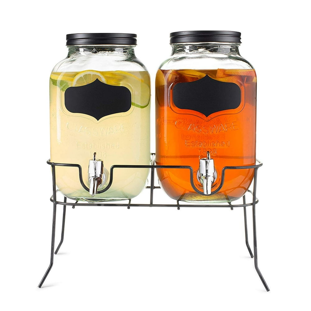 Dual Mason Jar Drink Dispensers with Metal Stand (4Liters Each