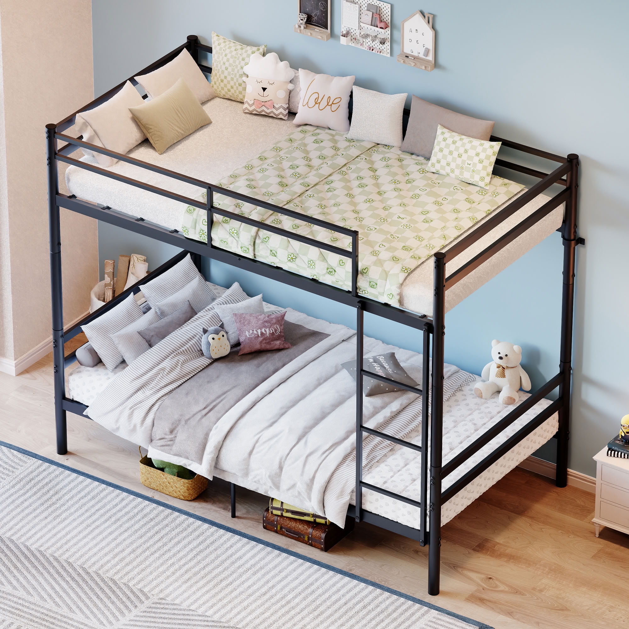 MAYEERTY Twin Over Twin Metal Bunk Bed with Ladder and High Guardrail, Splittable into 2 Individual Twin Beds, for Kids Teens Adults Bedroom Dorm, No Box Spring Needed