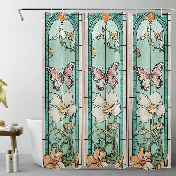 HVEST Green Garden Shower Curtain with Stained Glass Butterfly Floral Plant Design - Modern Aesthetic Bathroom Decor, Waterproof Polyester Fabric, Includes 10 Hooks, 60x72 Inches