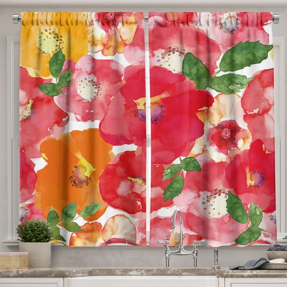 Ambesonne Flower Kitchen Curtains, Watercolor Style Floral, 55"x39", Red and Orange