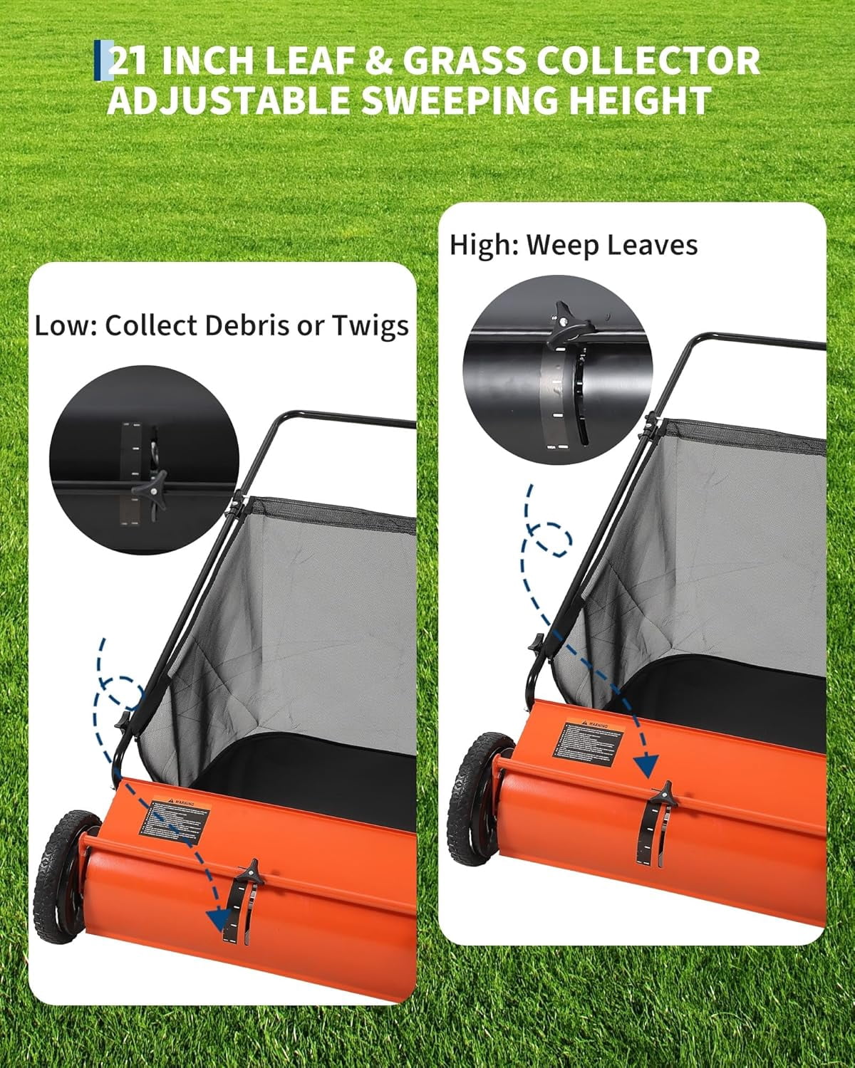 Orange 21-Inch Push Lawn Sweeper, 3.5 Cu. Ft. Hopper Capacity Leaf & Grass Collector with 4 Spinning Brushes, Adjustable Height, for Grass Clippings, Leaves & Debris