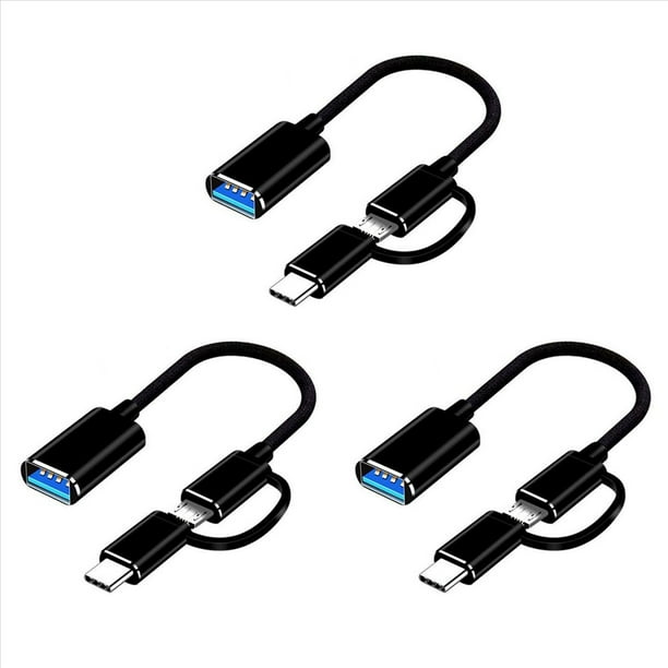 3X Cable Adaptador 2 en 1 USB 3.0 OTG Type-C Micro-USB una USB 3.0 Convertidor de Interfaz para Línea de Cable de Carga de Teléfono Celular - Negro
